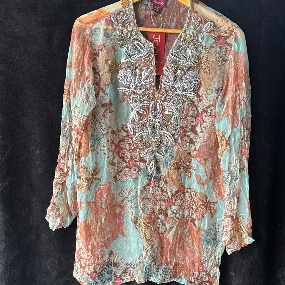 Nw joolay women’s blouse cardigan neck line embellished long sleeve Sz ml